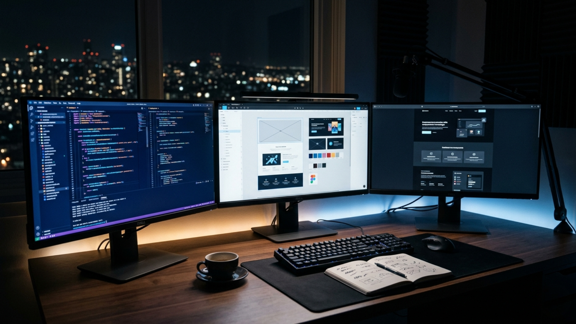 A modern developer workspace at night with three glowing monitors showing code a website layout and a live browser preview representing professional web development