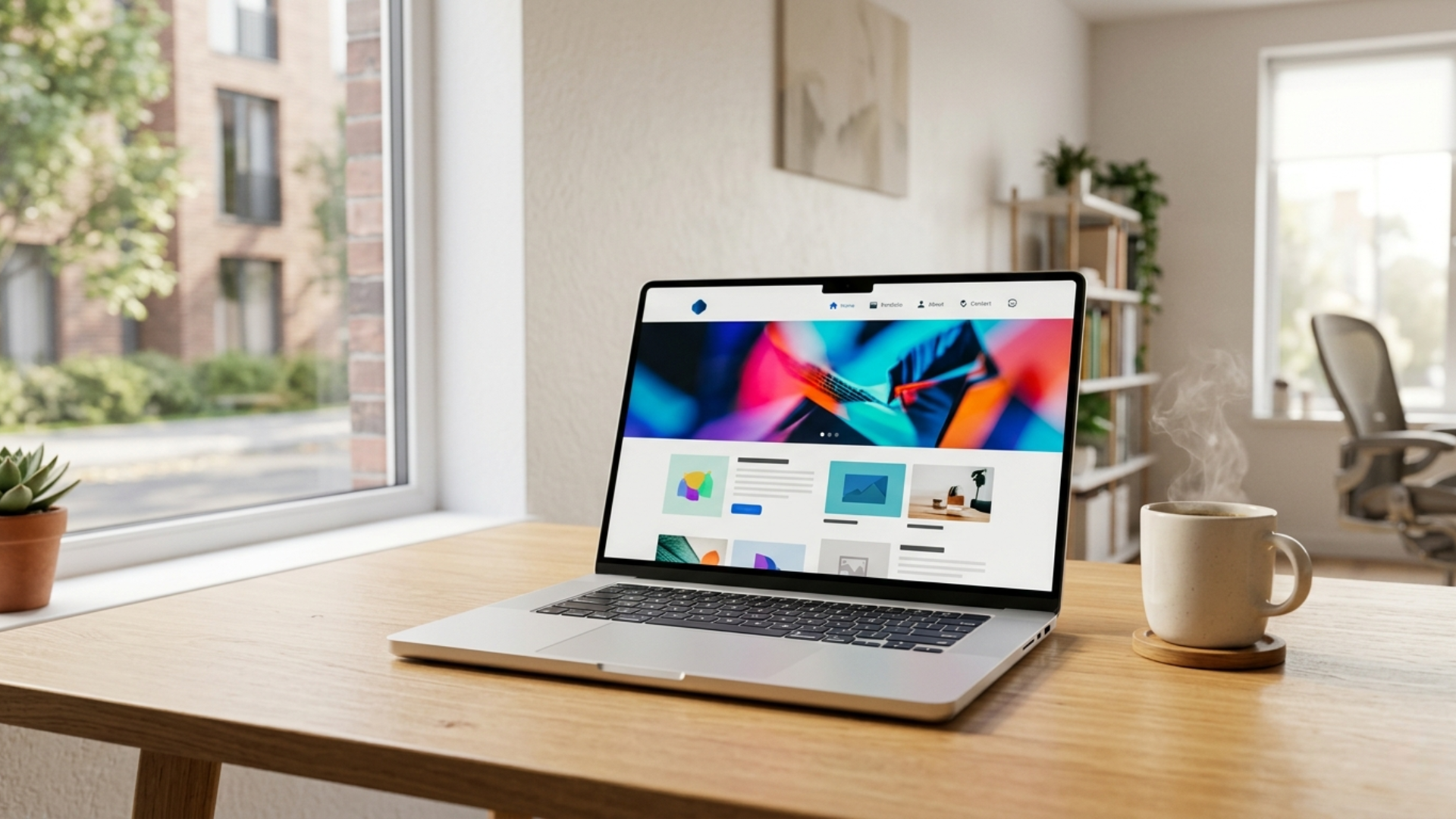 A sleek laptop on a wooden desk in a small business office displaying a beautifully designed professional website representing quality web development services