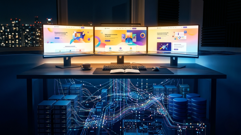 An iceberg visualization showing the visible front end website design above water and the complex back end web development infrastructure of servers and databases below