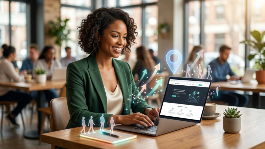 A confident small business owner smiling at her laptop showing a professional website with visual metaphors of customer growth and online success around her