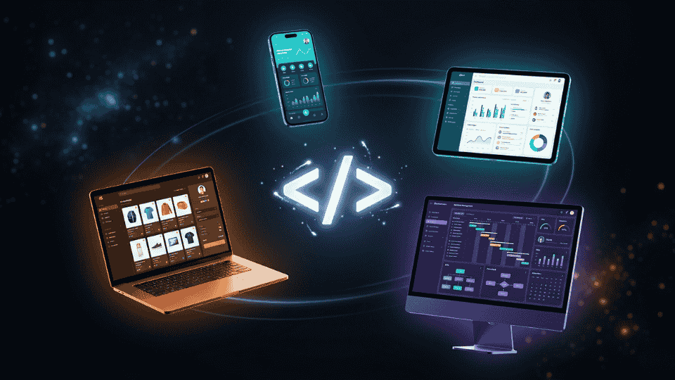 Four glowing devices floating in dark space each showing a different type of application — mobile app web application business software and e-commerce platform — representing the types of application development