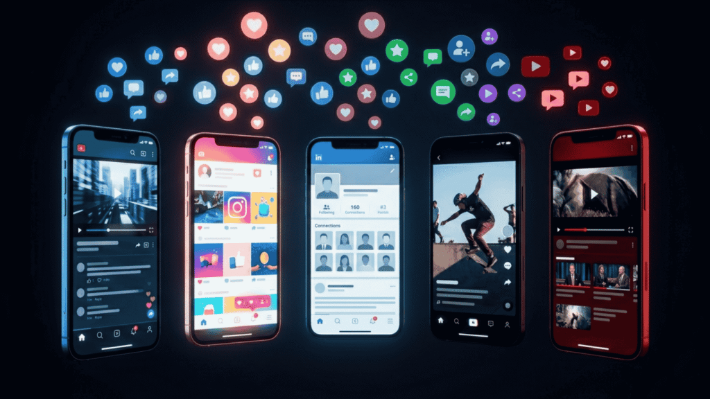 Five glowing smartphone screens floating in dark space each displaying a different social media platform interface representing the multi-platform social media marketing landscape