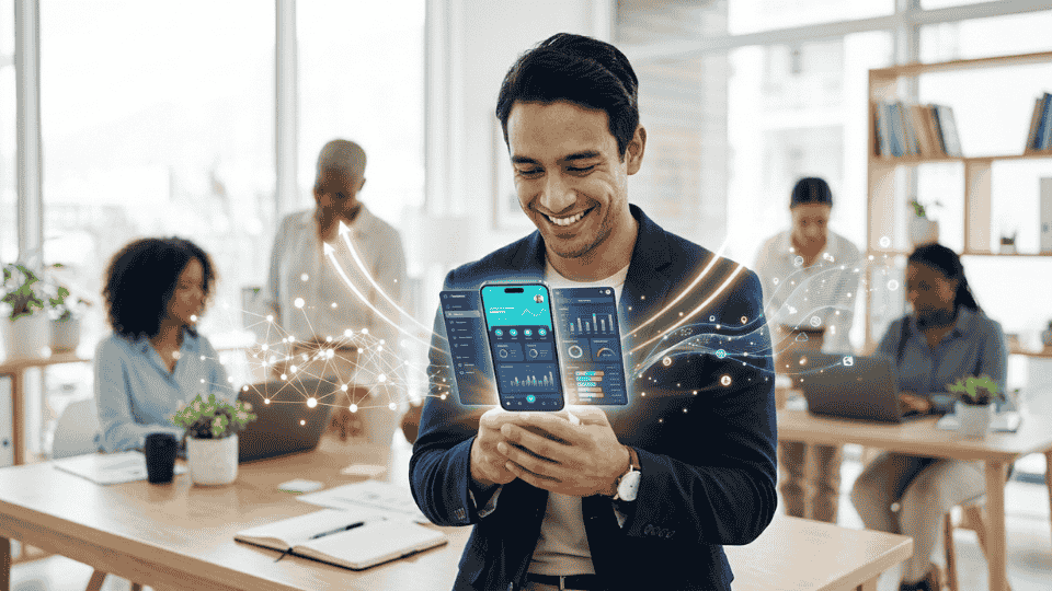 A confident small business owner smiling at a smartphone showing a custom app dashboard with order and analytics data representing how application development drives small business growth