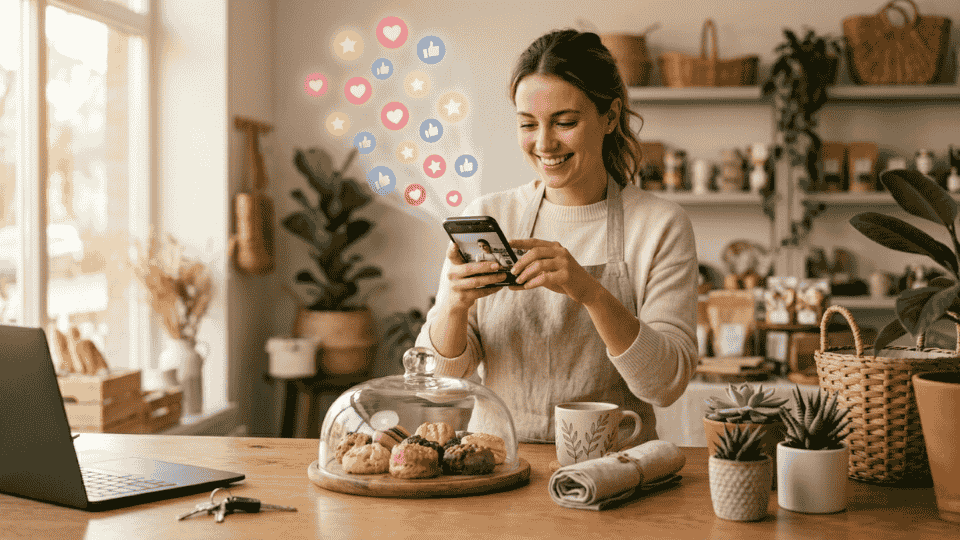  A smiling small business owner photographing her products in her shop with glowing social media reaction icons floating upward representing successful social media marketing engagement