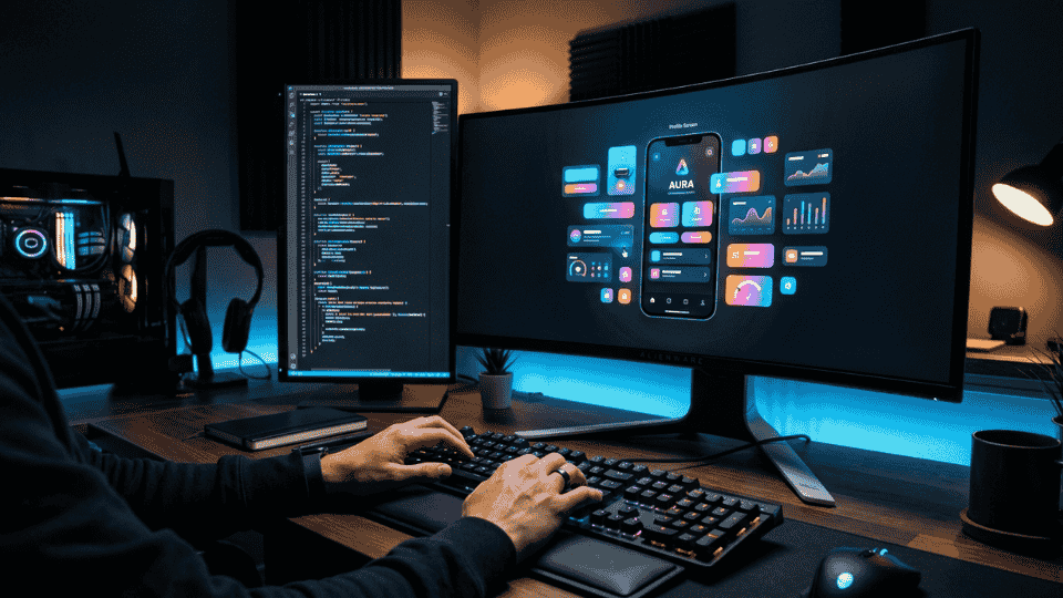 : Developer hands on a glowing keyboard with a large monitor showing a mobile app interface being assembled from UI components representing the application development process