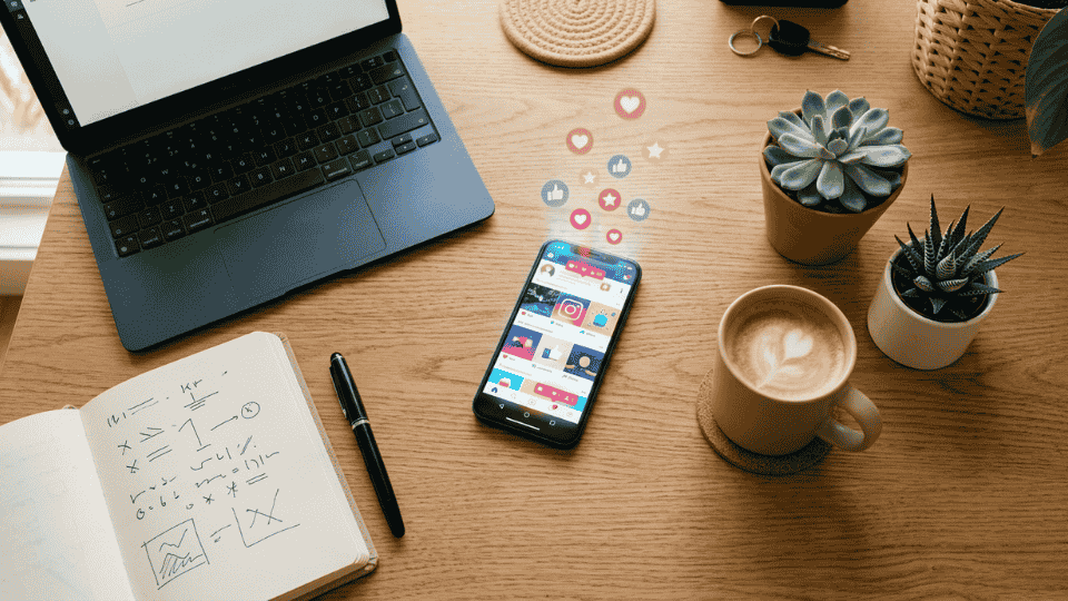 Flat lay desk with a smartphone showing a glowing social media feed surrounded by a laptop notebook and coffee representing a small business social media marketing setup